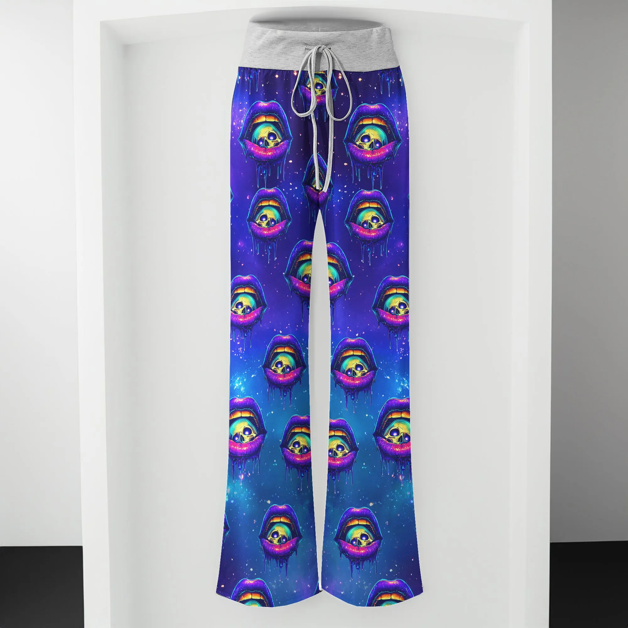 Neon Skull Lip Pattern Women's High-waisted Wide Leg Pants