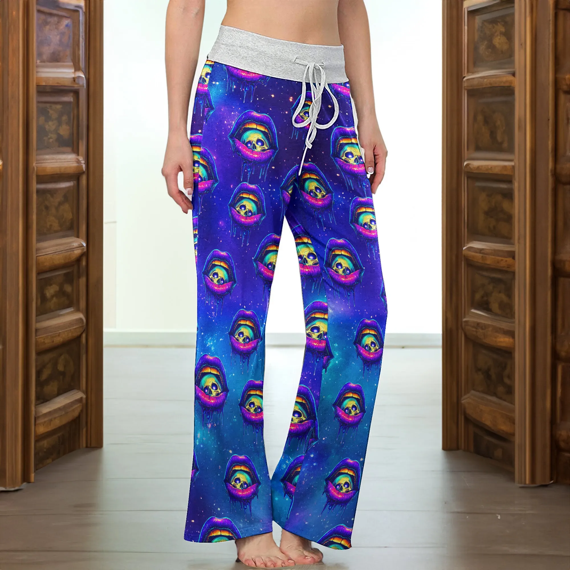 Neon Skull Lip Pattern Women's High-waisted Wide Leg Pants