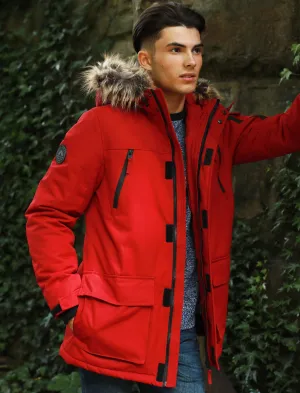 Nolte Utility Parka Coat with Borg Lined Faux Fur Trim Hood in Biking Red - Tokyo Laundry