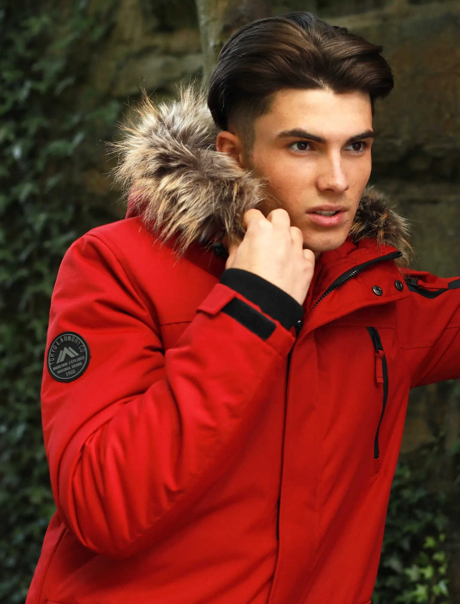 Nolte Utility Parka Coat with Borg Lined Faux Fur Trim Hood in Biking Red - Tokyo Laundry