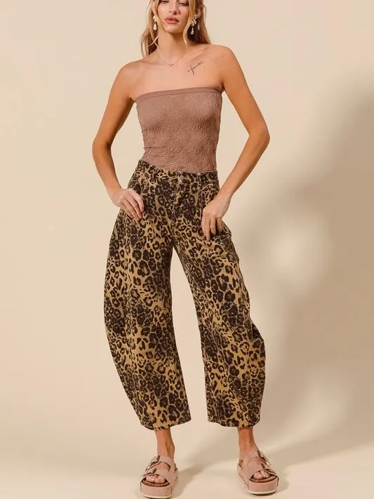 Oversized animal print barrel jeans