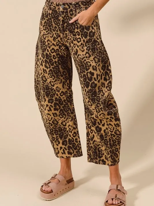 Oversized animal print barrel jeans