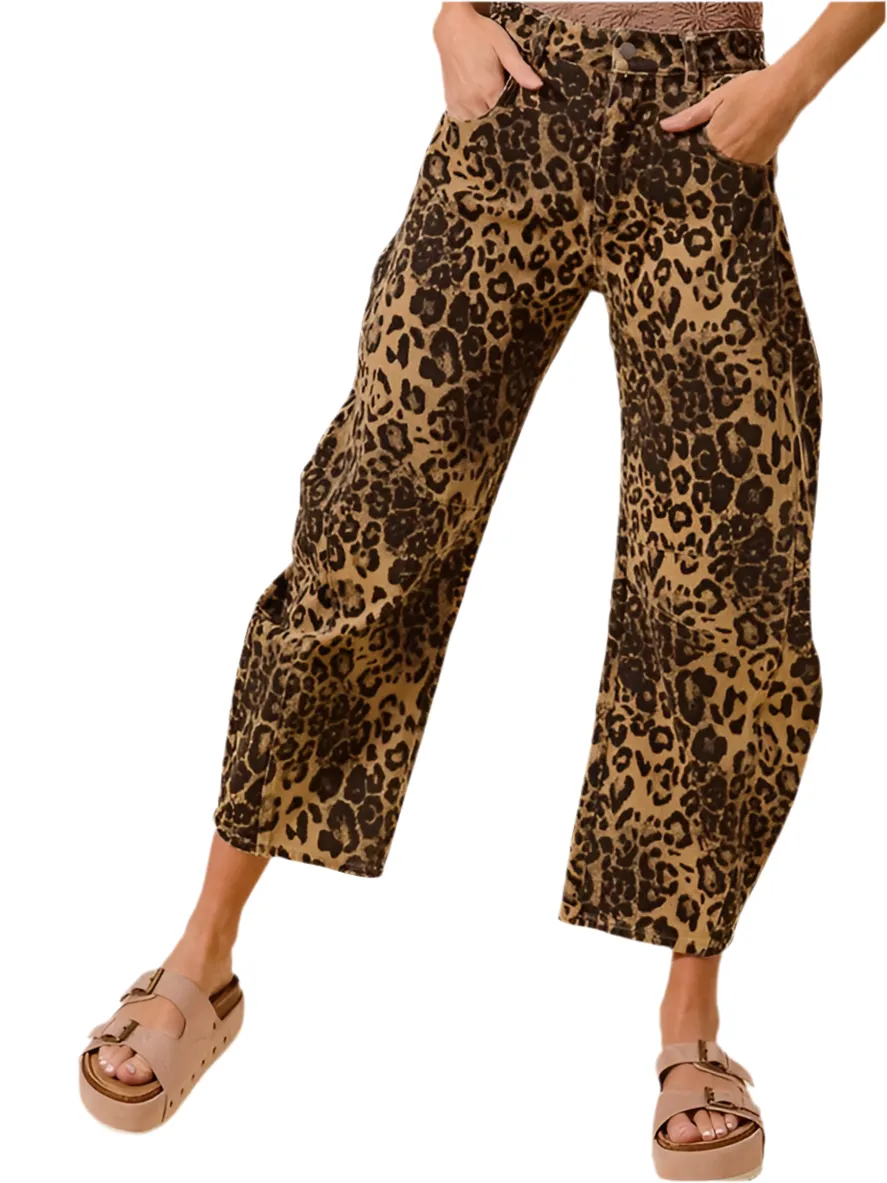 Oversized animal print barrel jeans