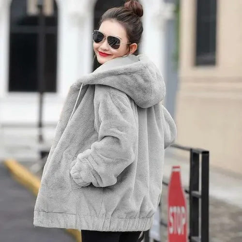 Plush Thickening Faux Rabbit Fur Hooded Jacket Women