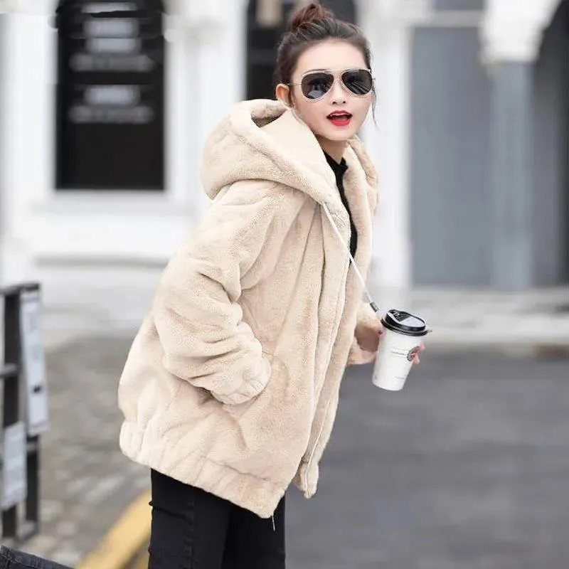 Plush Thickening Faux Rabbit Fur Hooded Jacket Women