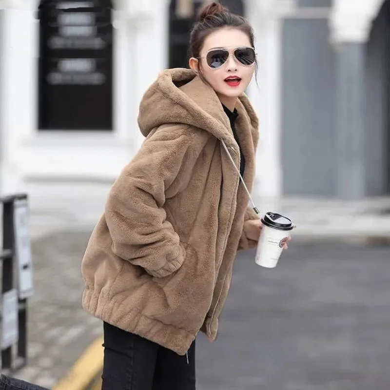 Plush Thickening Faux Rabbit Fur Hooded Jacket Women