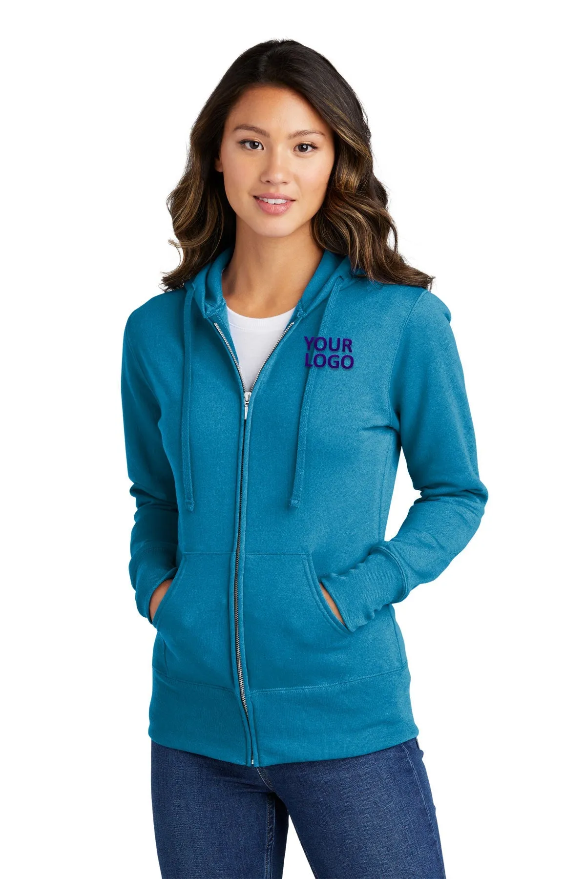 Port & Company Ladies Core Fleece Customized Zip Hoodies, Neon Blue