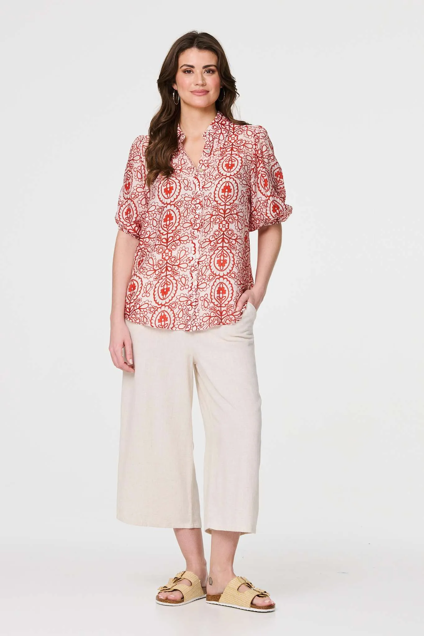 Printed Puff 1/2 Sleeve Button-Up Shirt