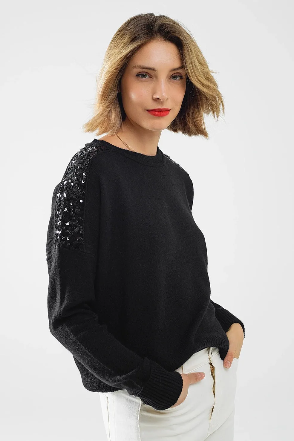 Q2 Sequin Shoulder Sweater