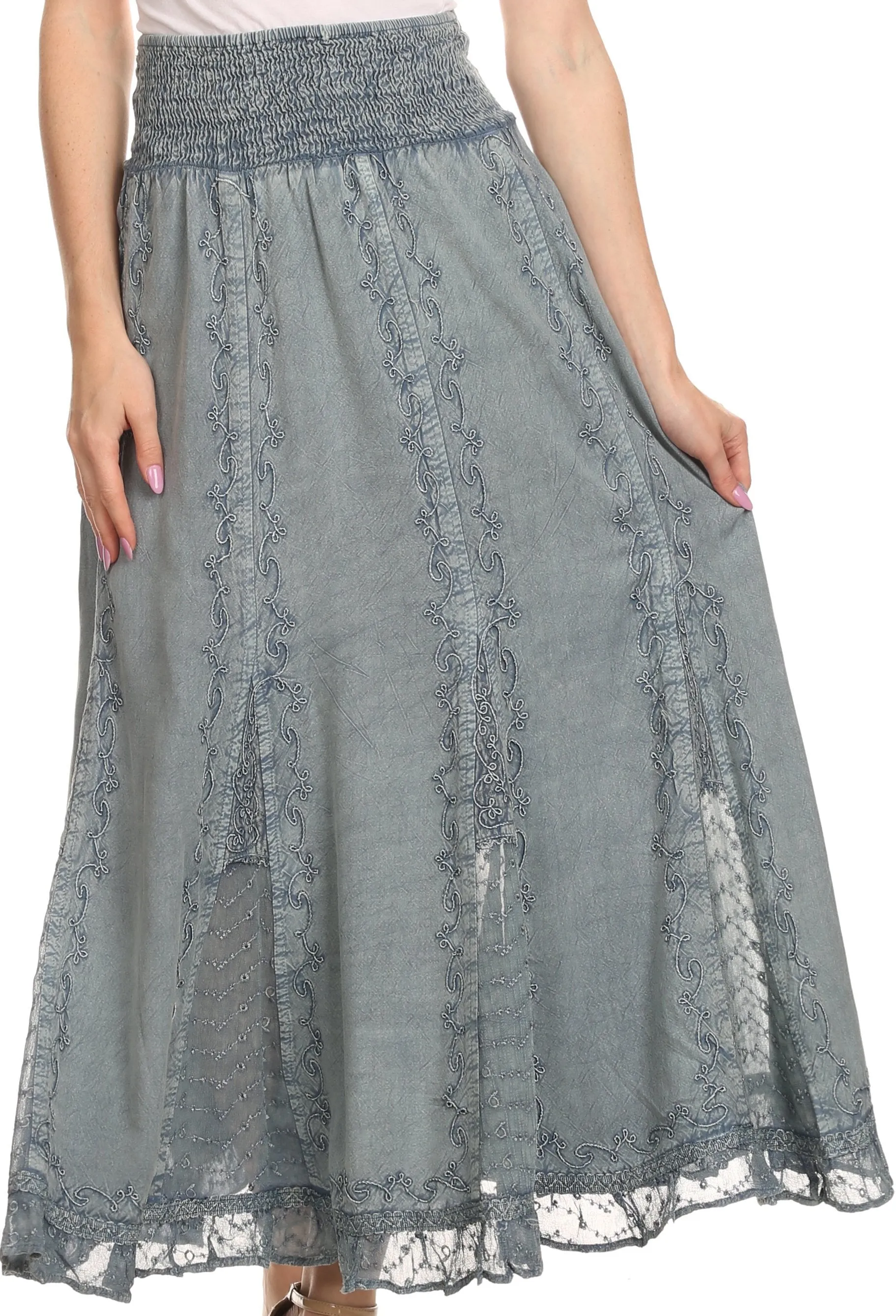 Sakkas Monola Long Tall Lace Embroidered Paneled Adjustable Waist Flare Skirt