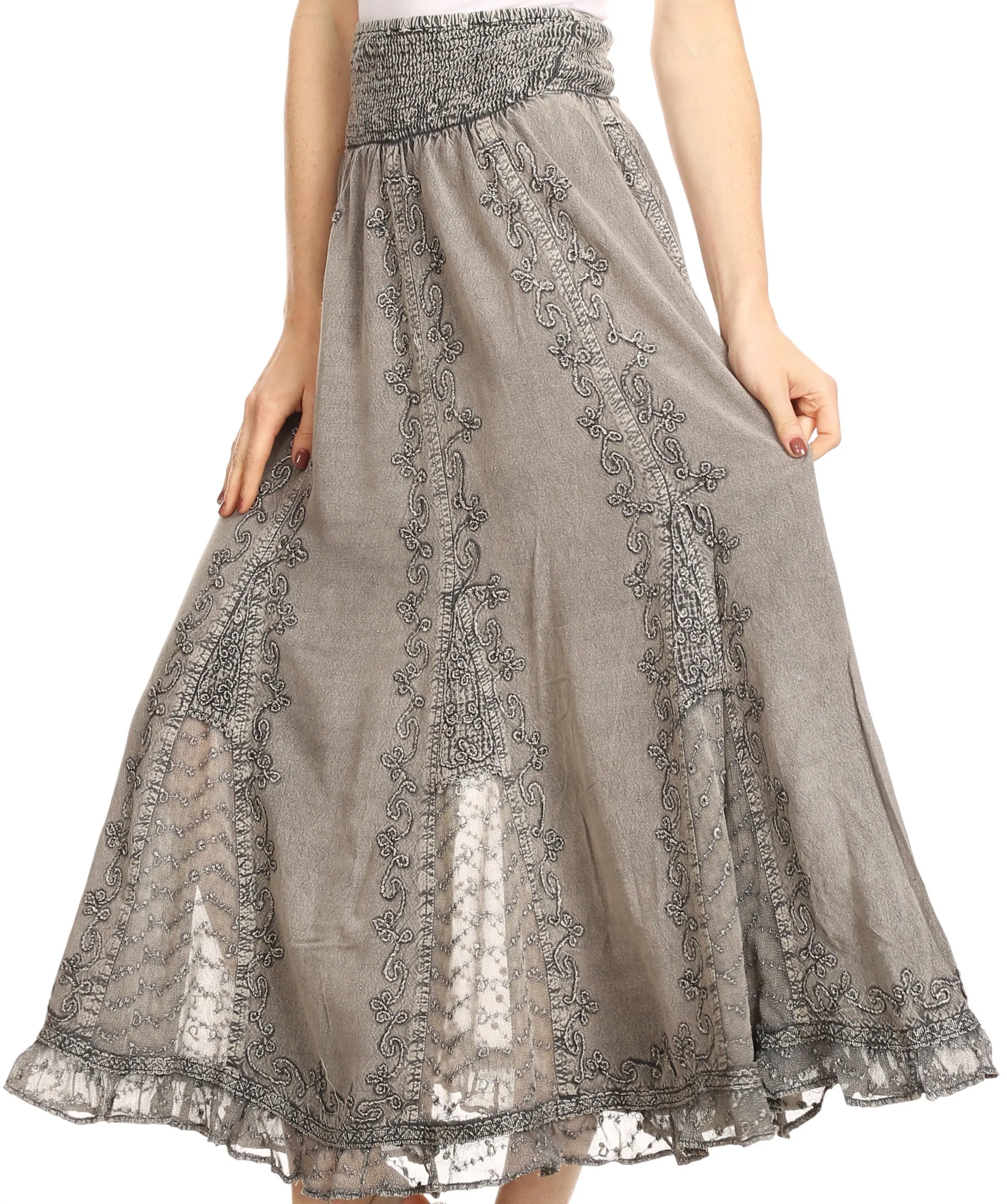 Sakkas Monola Long Tall Lace Embroidered Paneled Adjustable Waist Flare Skirt