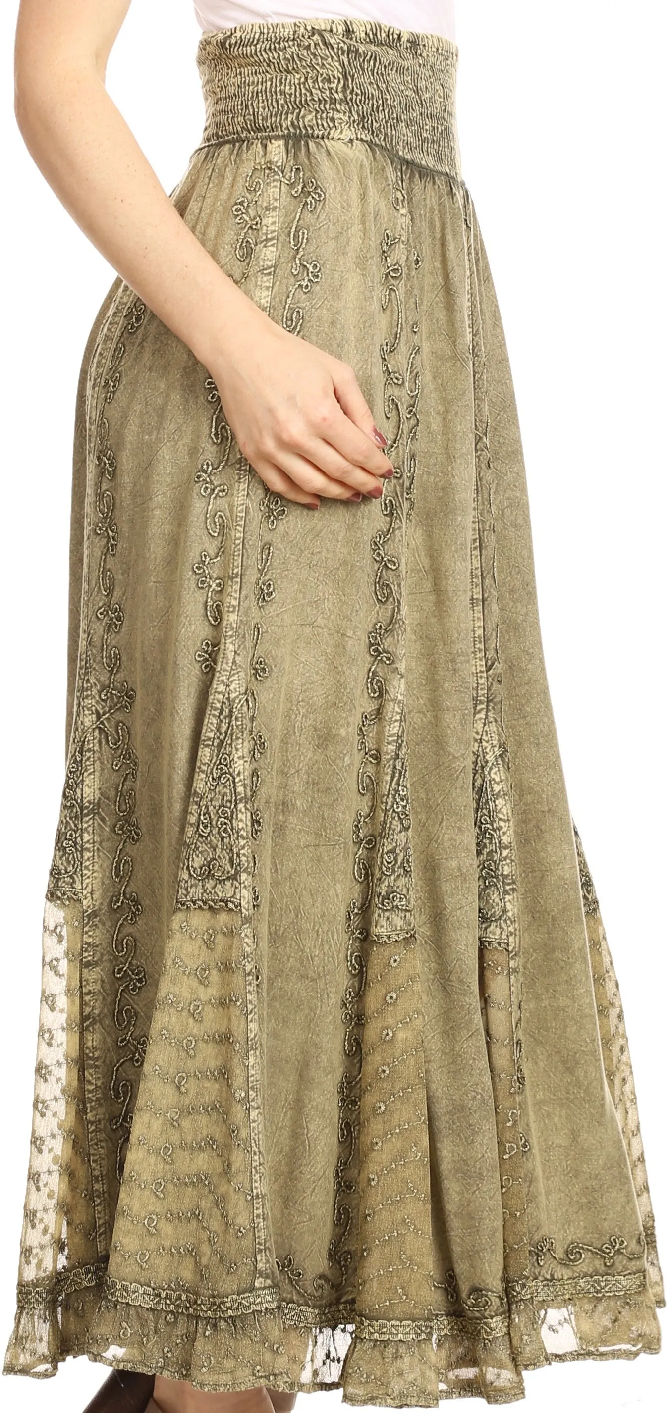 Sakkas Monola Long Tall Lace Embroidered Paneled Adjustable Waist Flare Skirt