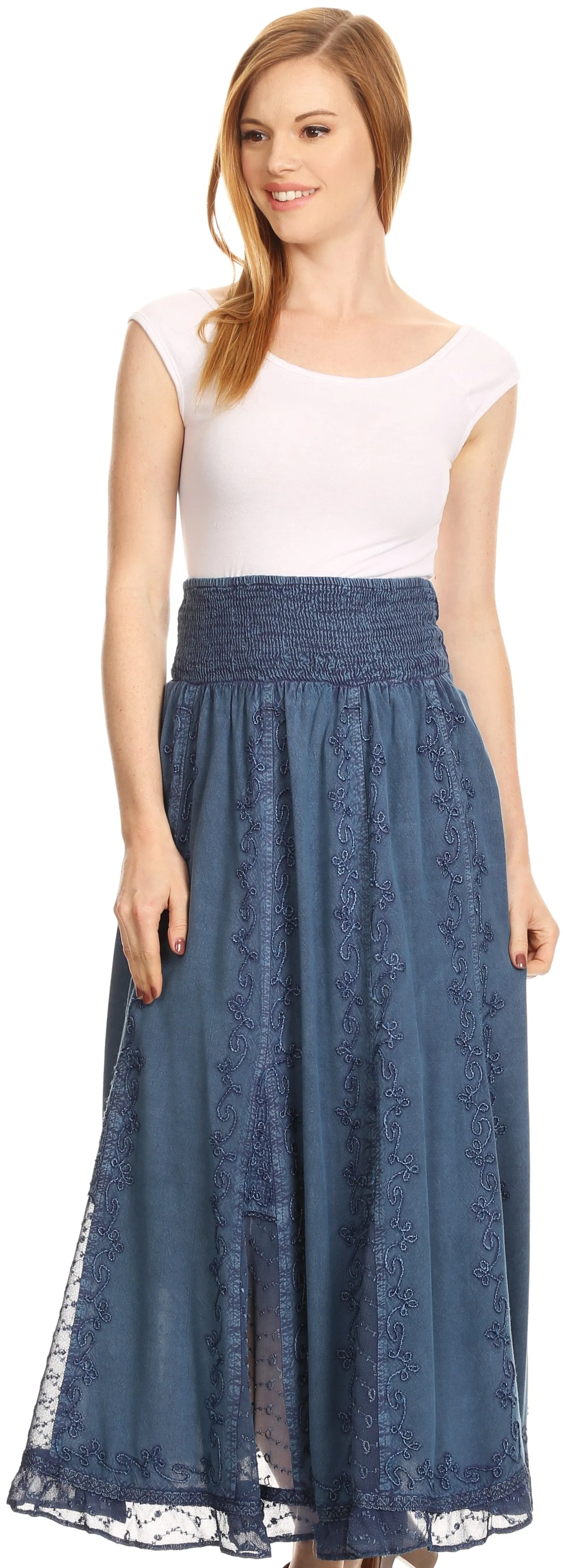 Sakkas Monola Long Tall Lace Embroidered Paneled Adjustable Waist Flare Skirt