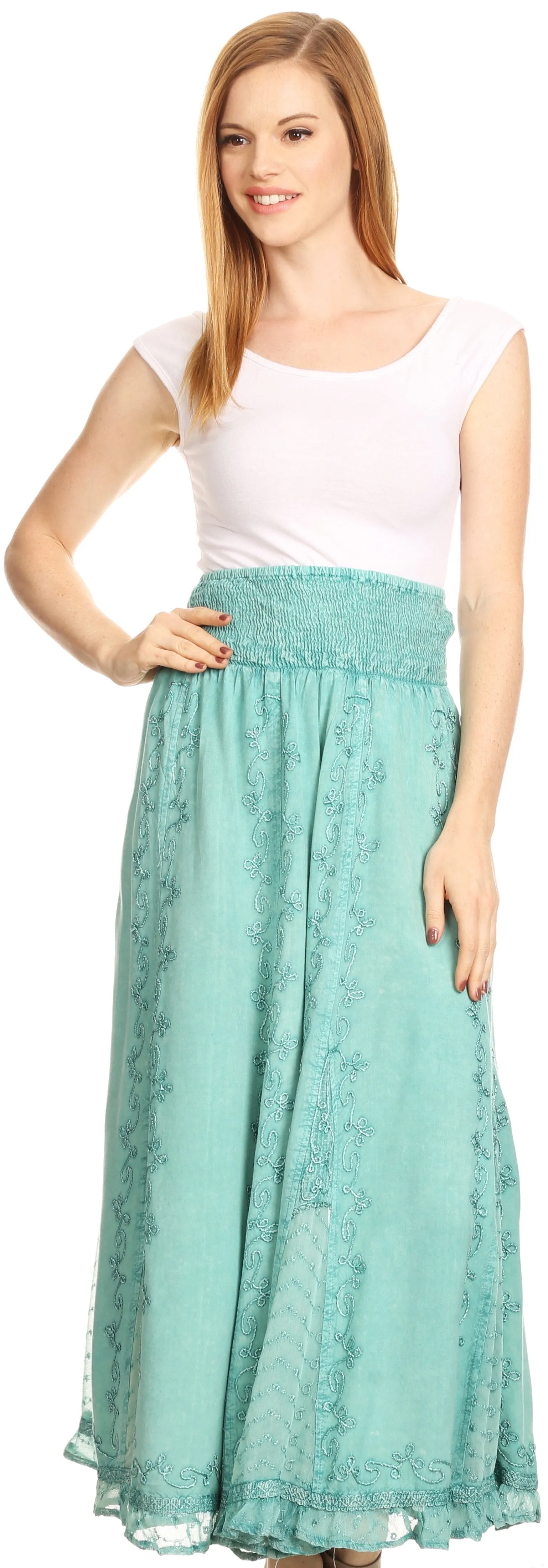 Sakkas Monola Long Tall Lace Embroidered Paneled Adjustable Waist Flare Skirt