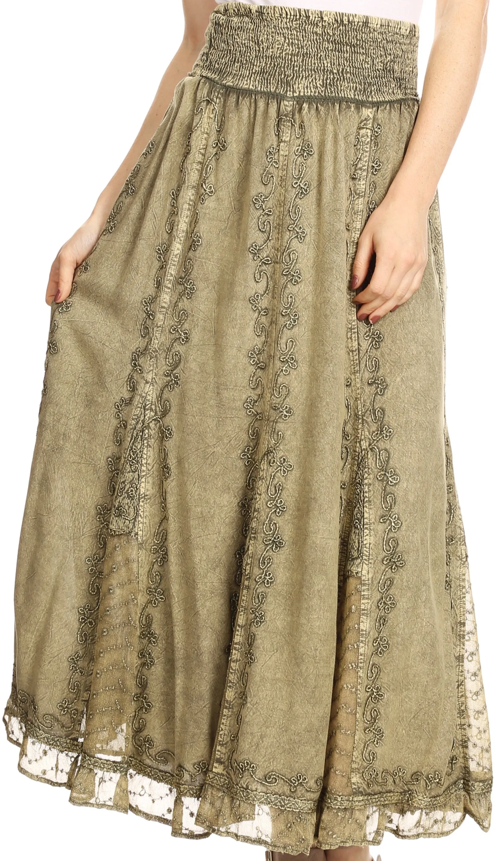 Sakkas Monola Long Tall Lace Embroidered Paneled Adjustable Waist Flare Skirt