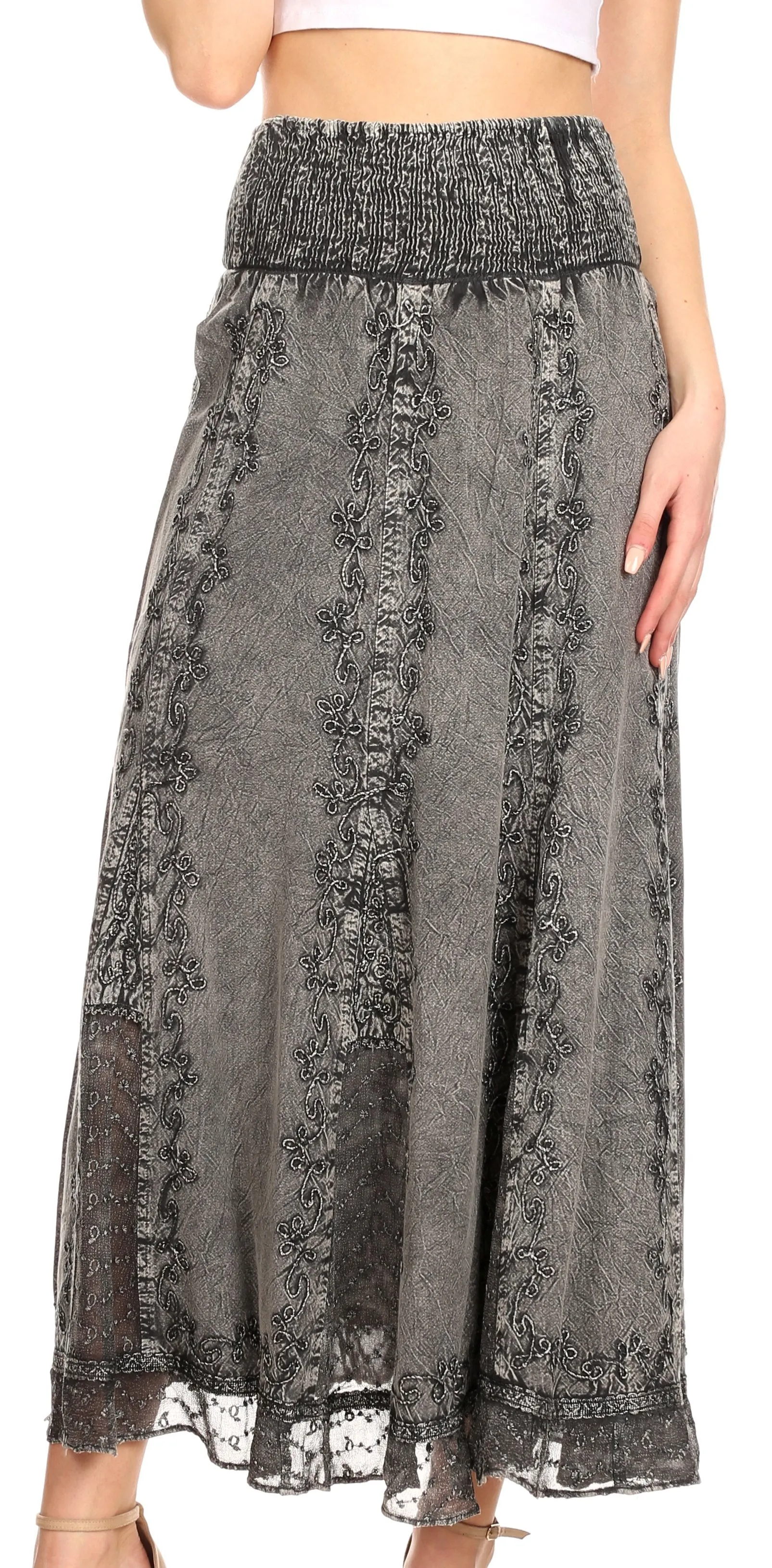 Sakkas Monola Long Tall Lace Embroidered Paneled Adjustable Waist Flare Skirt