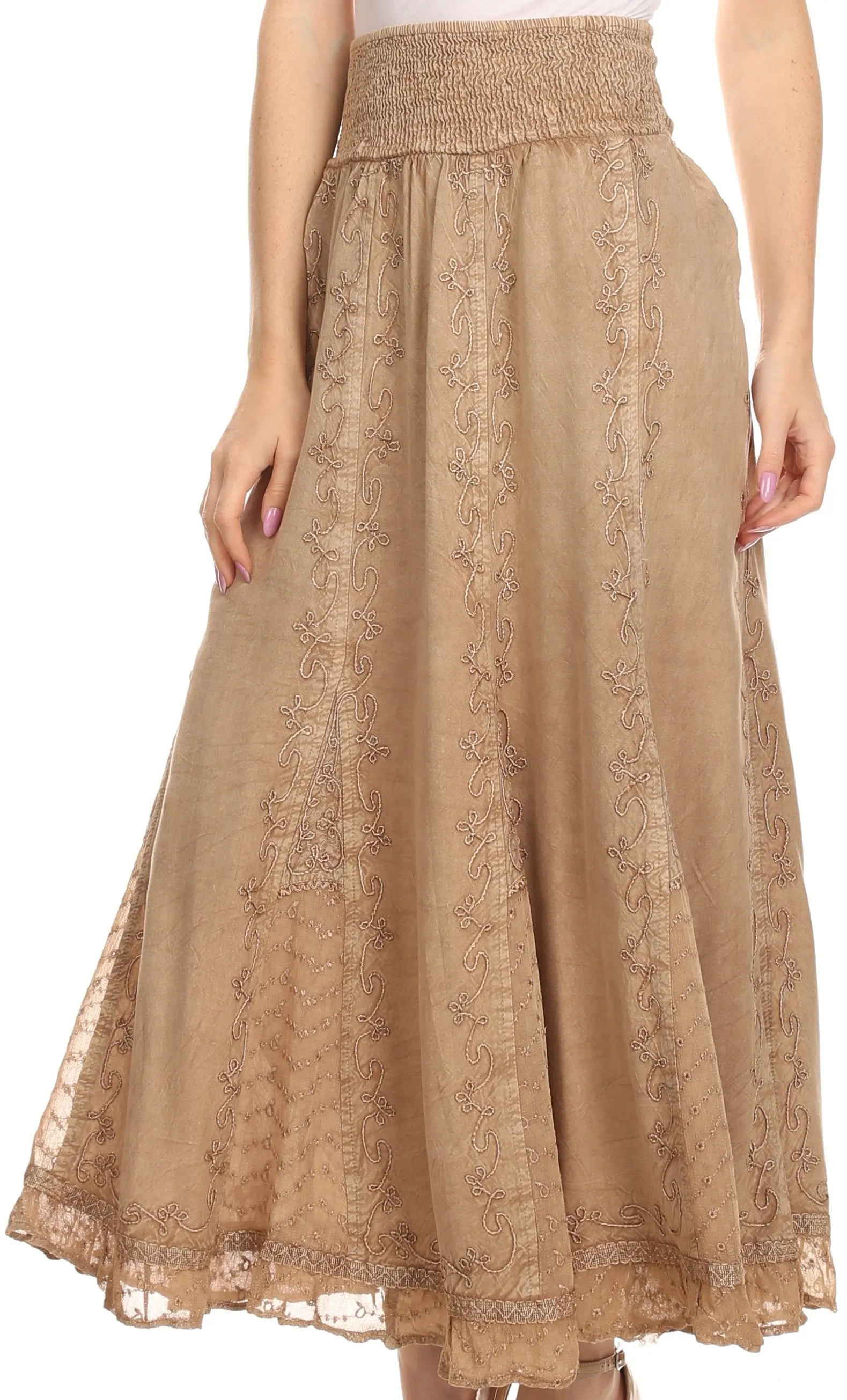 Sakkas Monola Long Tall Lace Embroidered Paneled Adjustable Waist Flare Skirt