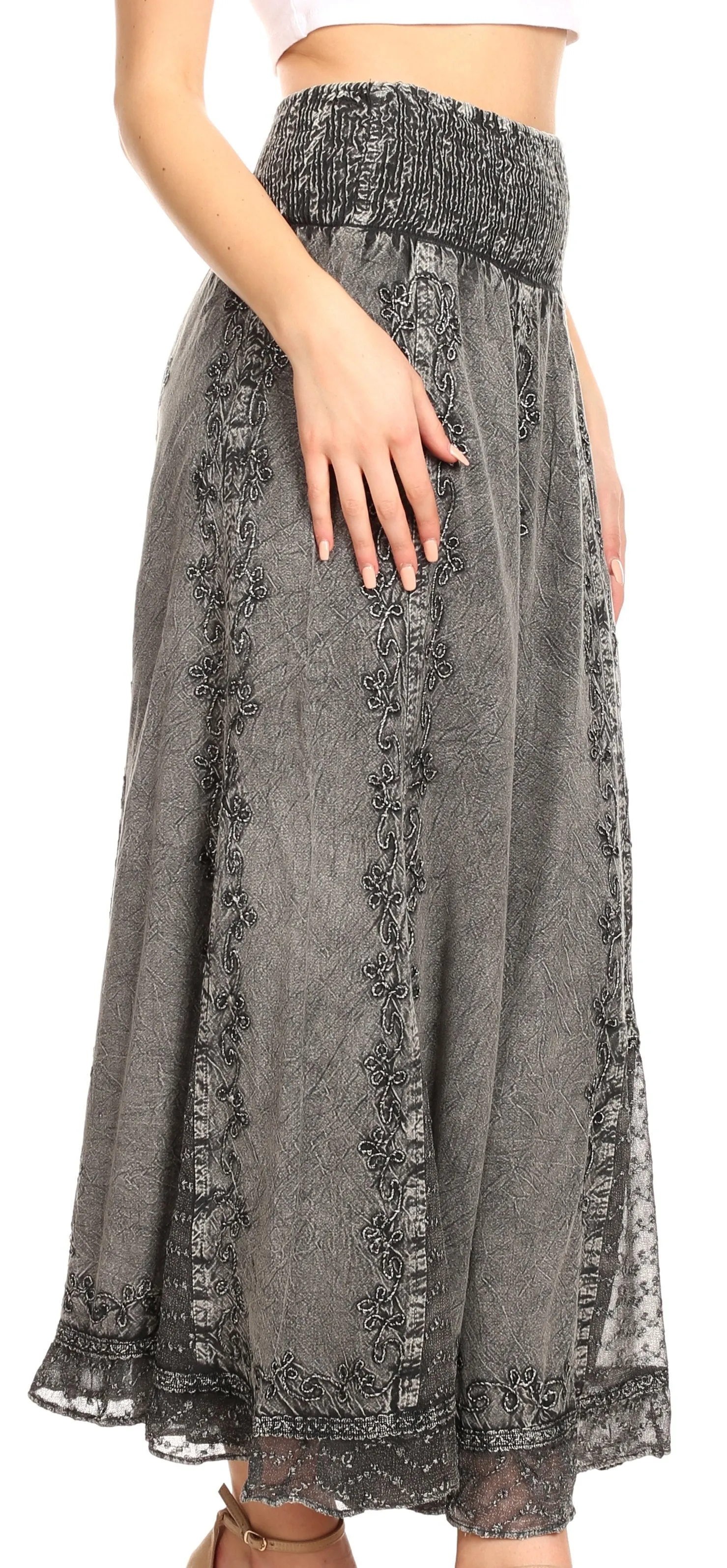 Sakkas Monola Long Tall Lace Embroidered Paneled Adjustable Waist Flare Skirt