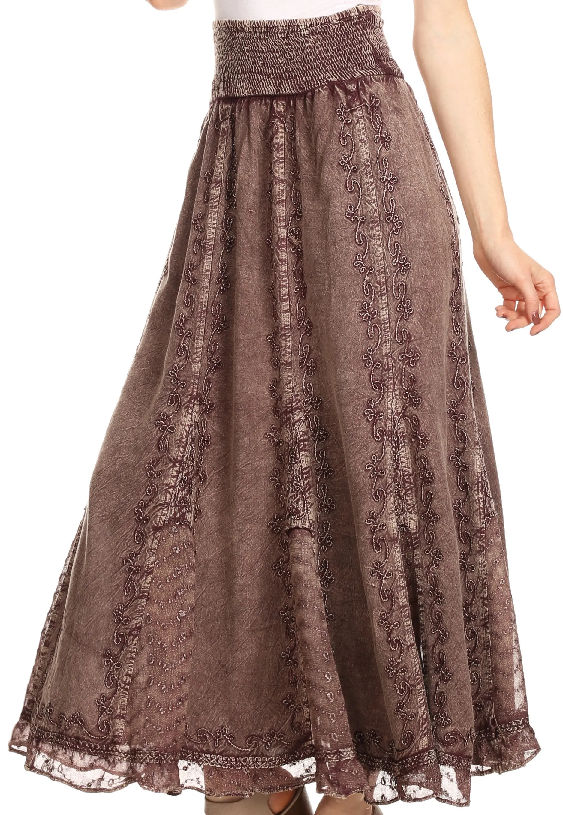 Sakkas Monola Long Tall Lace Embroidered Paneled Adjustable Waist Flare Skirt