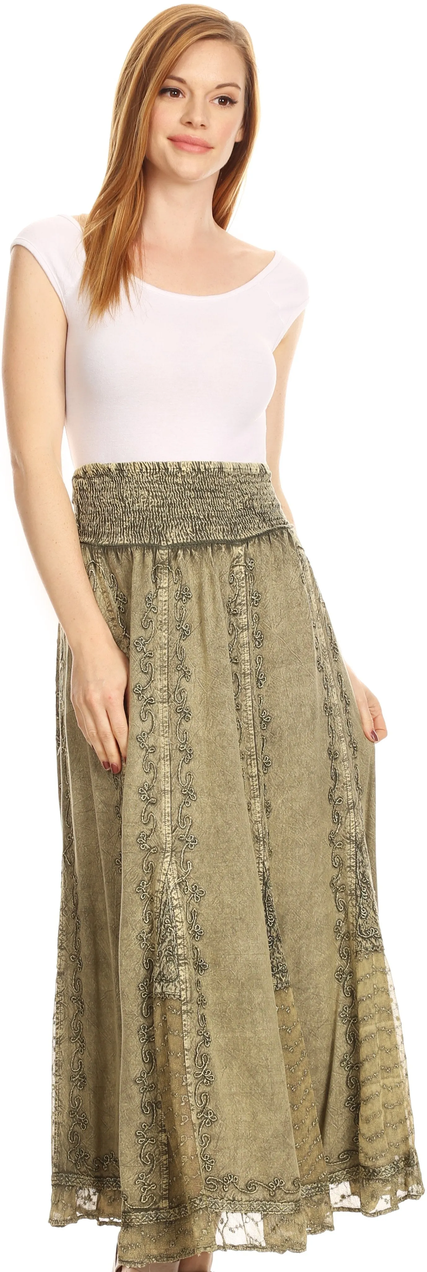 Sakkas Monola Long Tall Lace Embroidered Paneled Adjustable Waist Flare Skirt