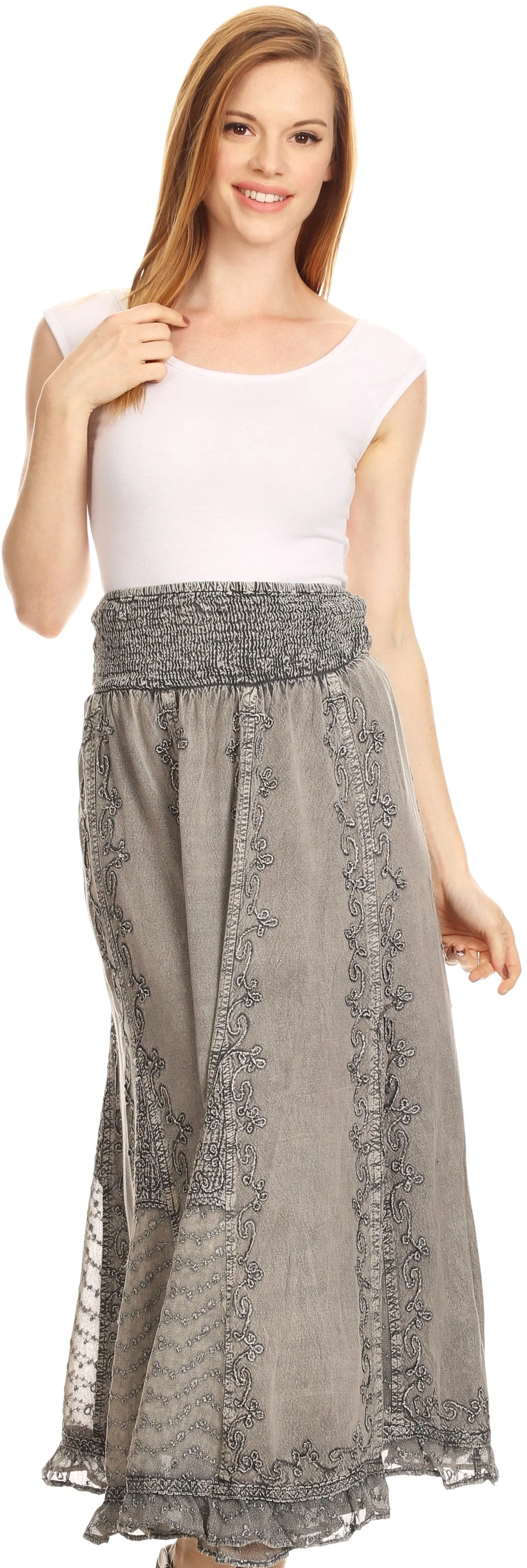 Sakkas Monola Long Tall Lace Embroidered Paneled Adjustable Waist Flare Skirt