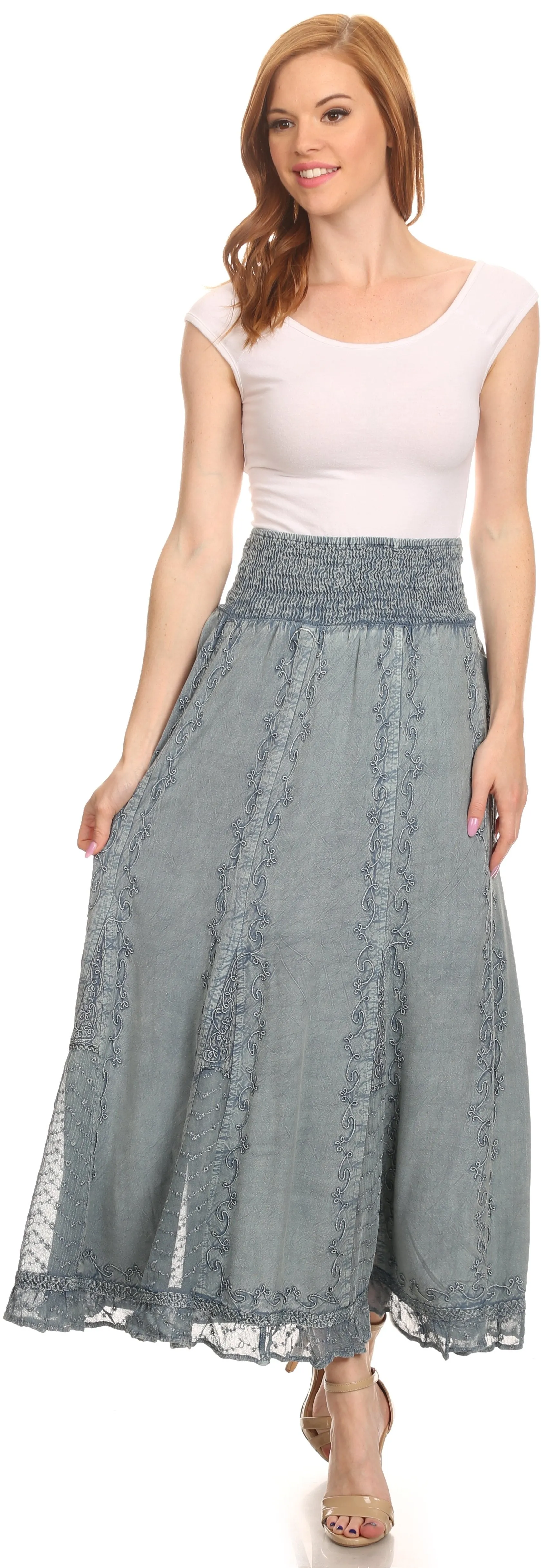 Sakkas Monola Long Tall Lace Embroidered Paneled Adjustable Waist Flare Skirt