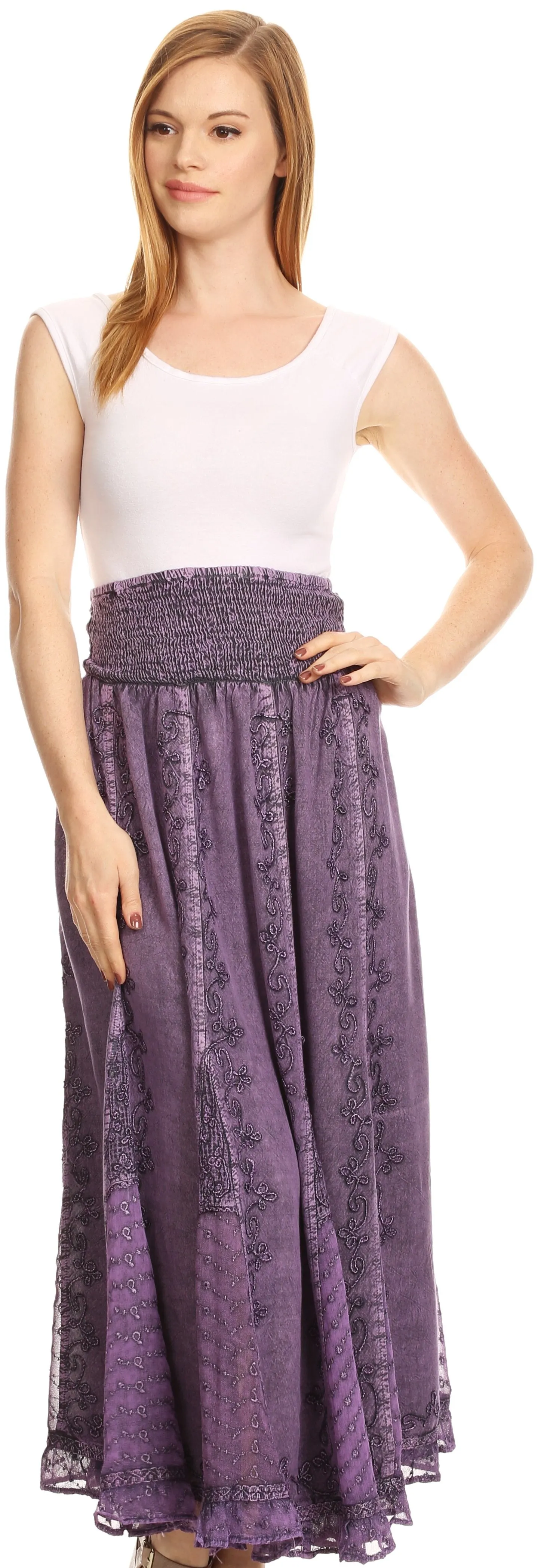 Sakkas Monola Long Tall Lace Embroidered Paneled Adjustable Waist Flare Skirt