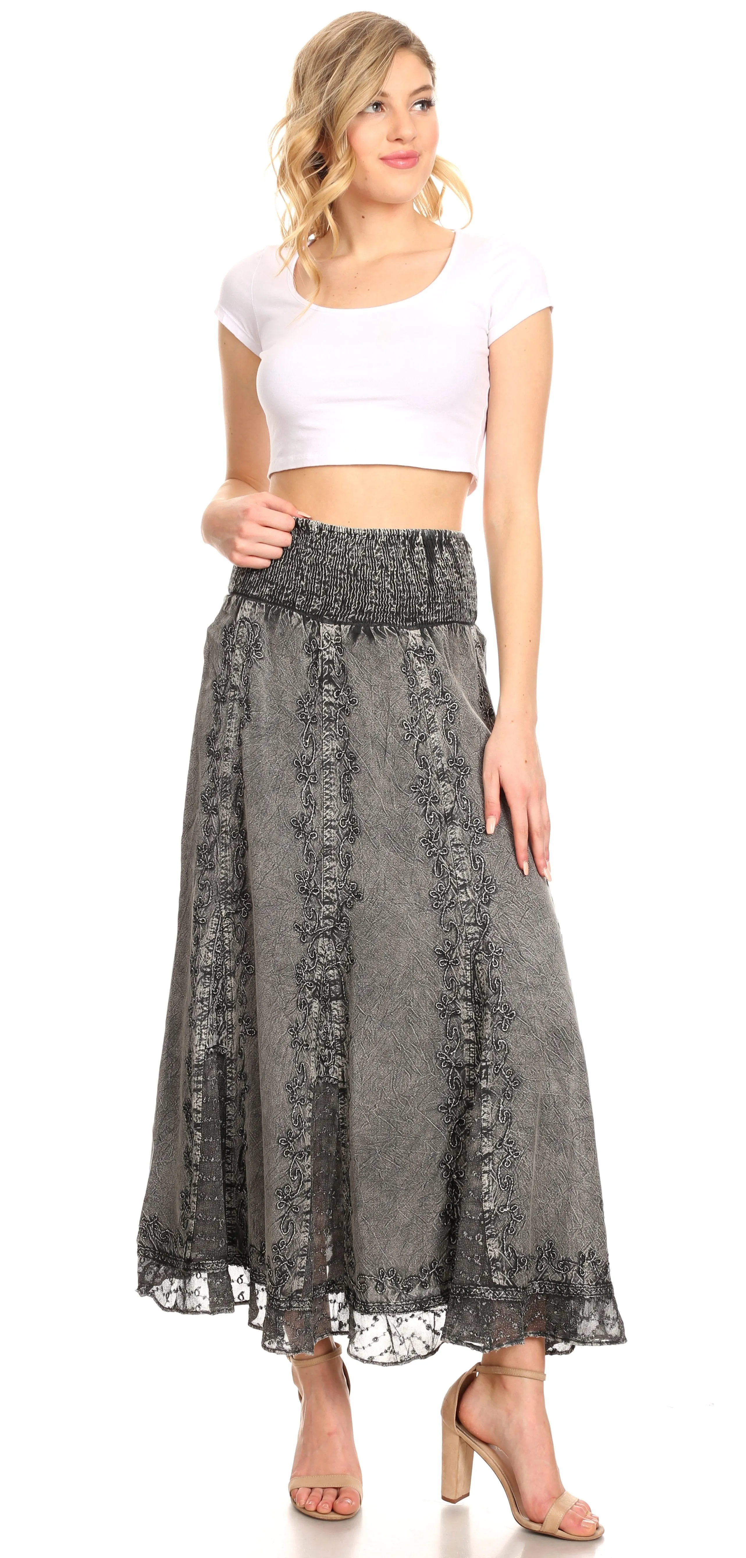 Sakkas Monola Long Tall Lace Embroidered Paneled Adjustable Waist Flare Skirt