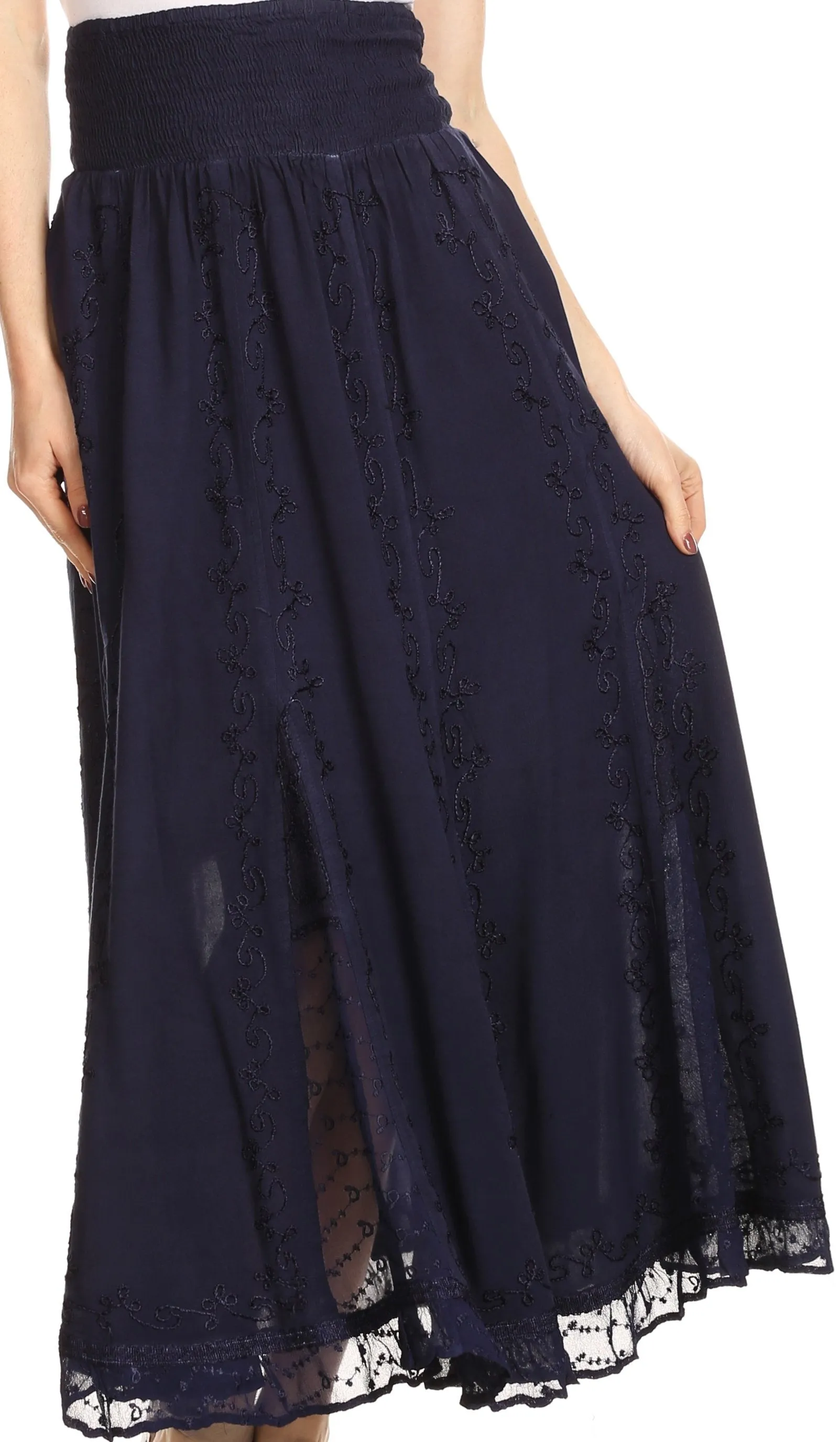 Sakkas Monola Long Tall Lace Embroidered Paneled Adjustable Waist Flare Skirt