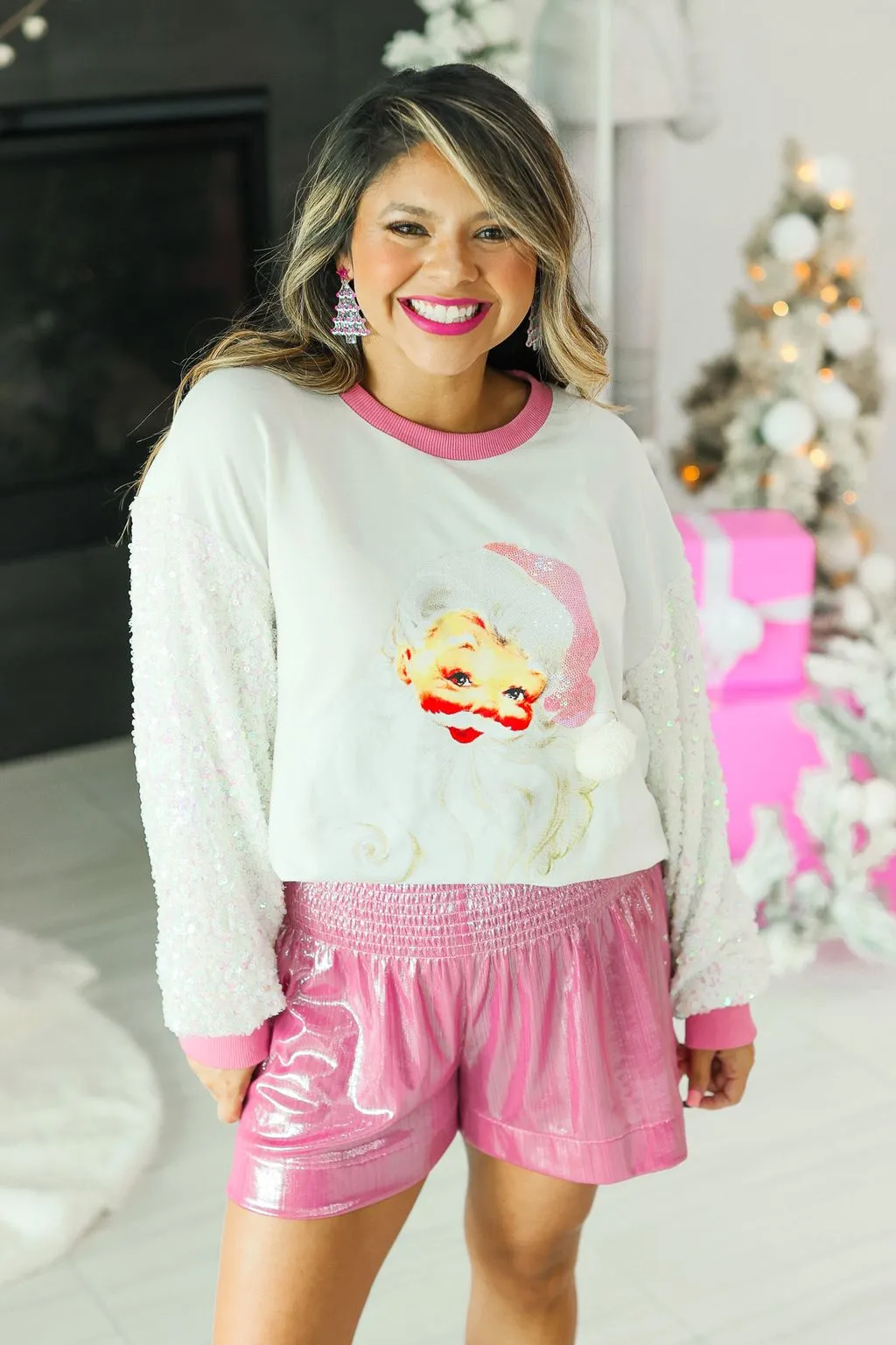 Santa Claus White Sweatshirt with Sequin Sleeves