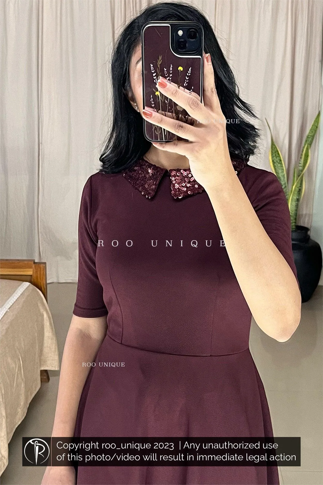 Sequence Collared Round Neck Wine Red Dress