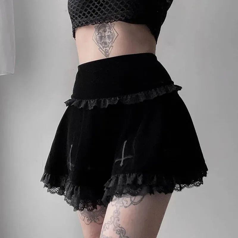 Sexy Fashion Summer Embroidery Black Gothic Casual Stylish Lace Trim Skirt