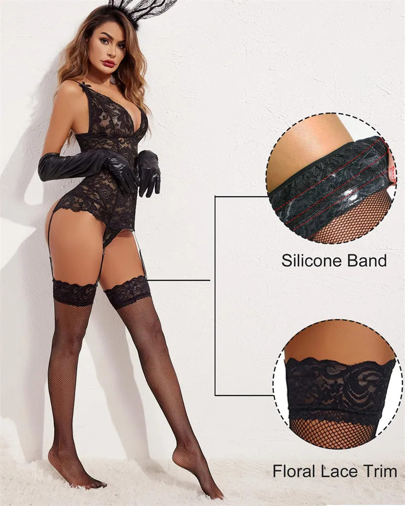 Sheer Lace Trim Fishnet Tights Stockings