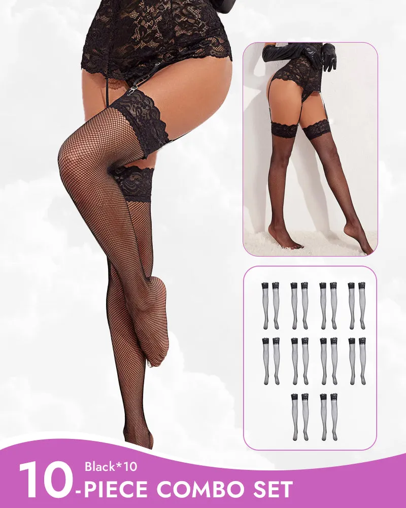 Sheer Lace Trim Fishnet Tights Stockings