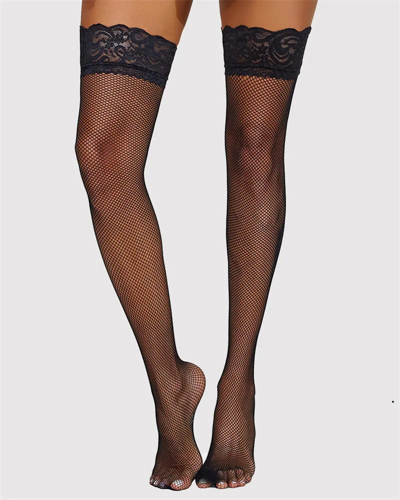 Sheer Lace Trim Fishnet Tights Stockings