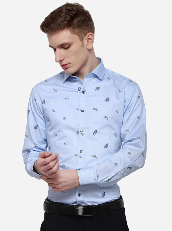 Sky Blue Printed Slim Fit Party Wear Shirt | Wyre