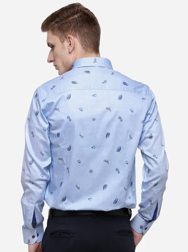 Sky Blue Printed Slim Fit Party Wear Shirt | Wyre