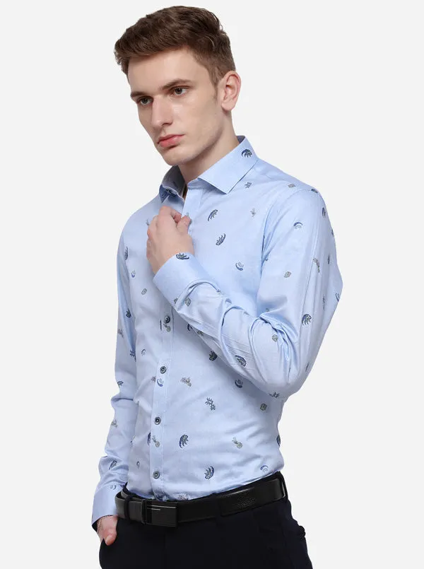 Sky Blue Printed Slim Fit Party Wear Shirt | Wyre