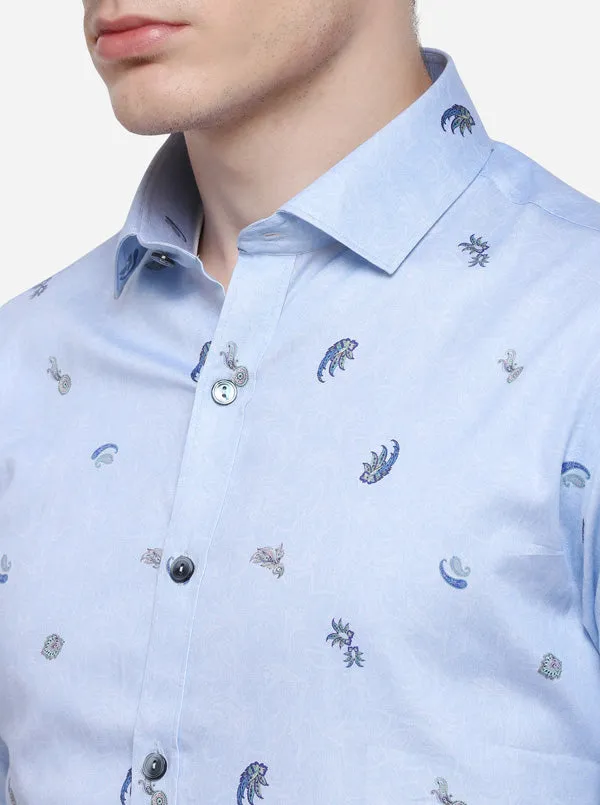 Sky Blue Printed Slim Fit Party Wear Shirt | Wyre