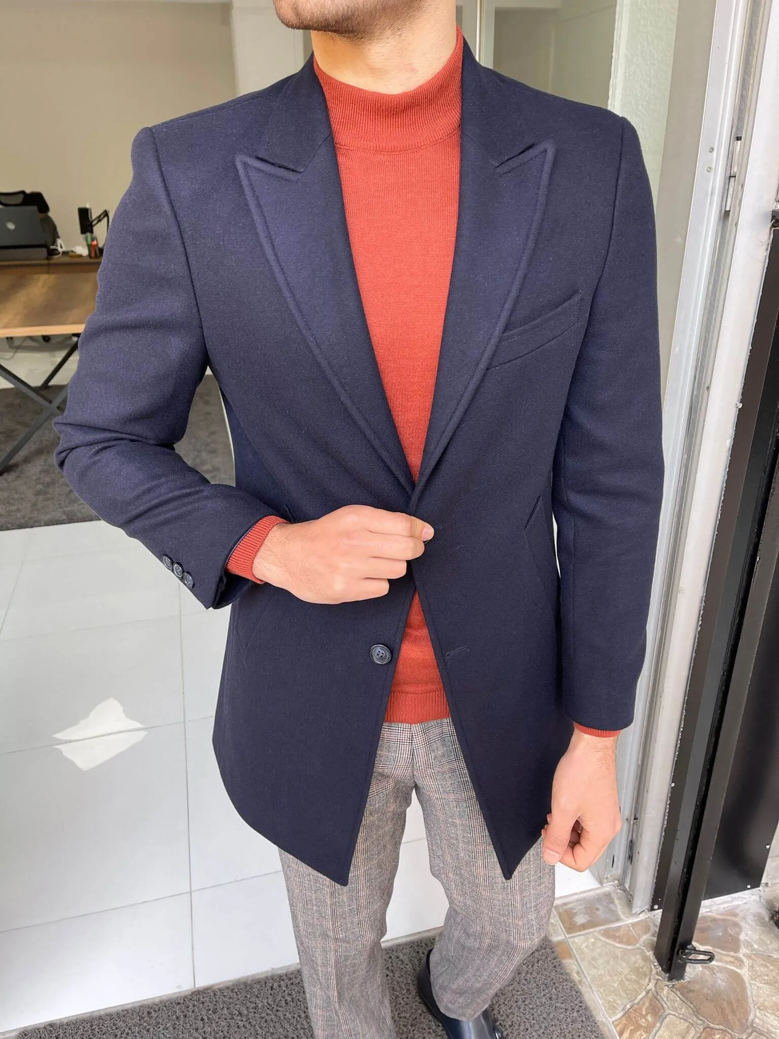 Slim Fit Navy Blue Wool Coat