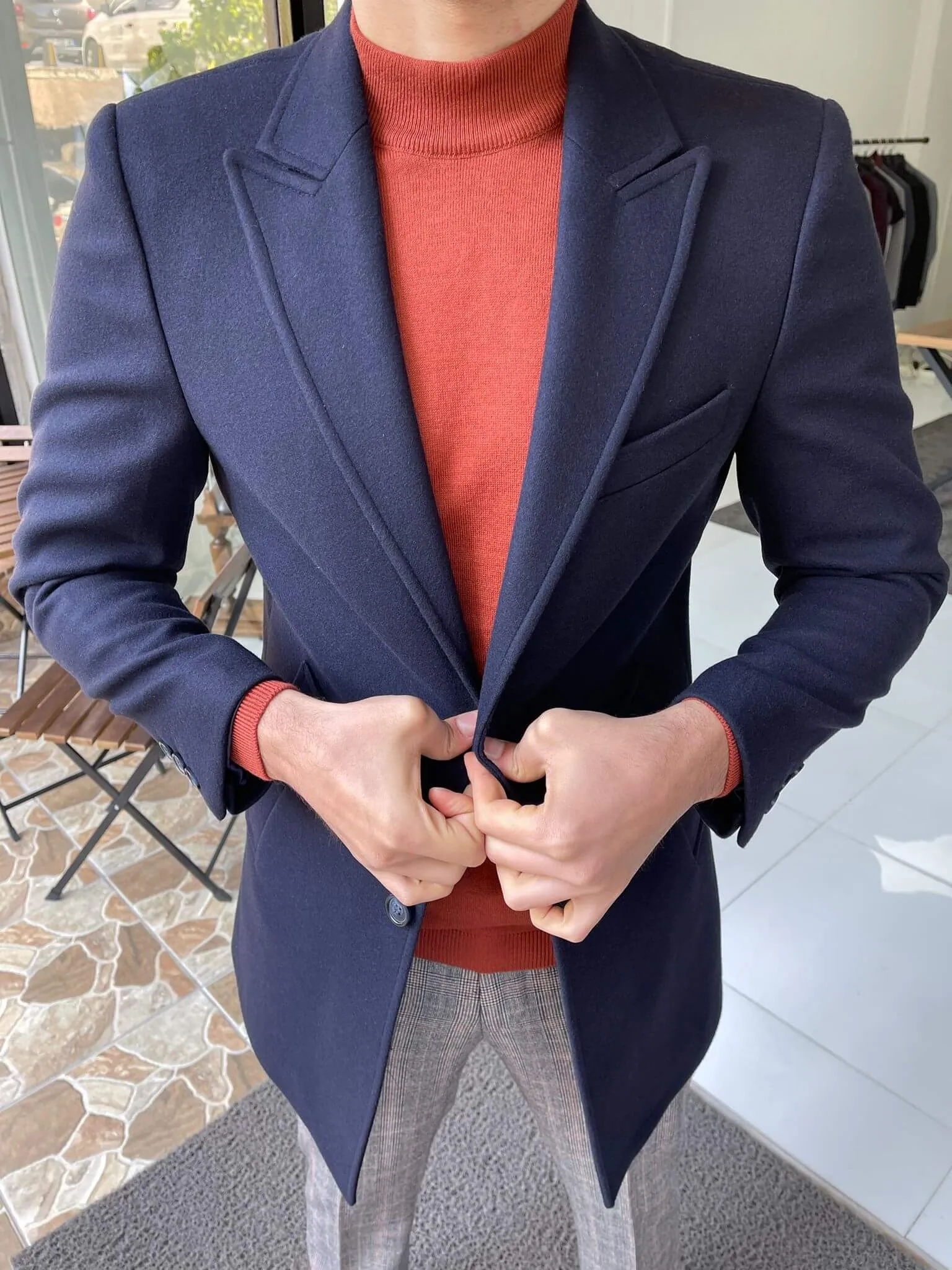 Slim Fit Navy Blue Wool Coat