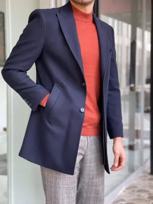 Slim Fit Navy Blue Wool Coat