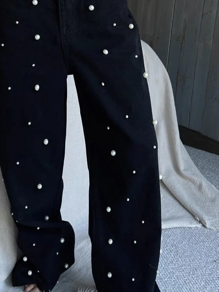 Spliced Pearls Wide Leg Jeans