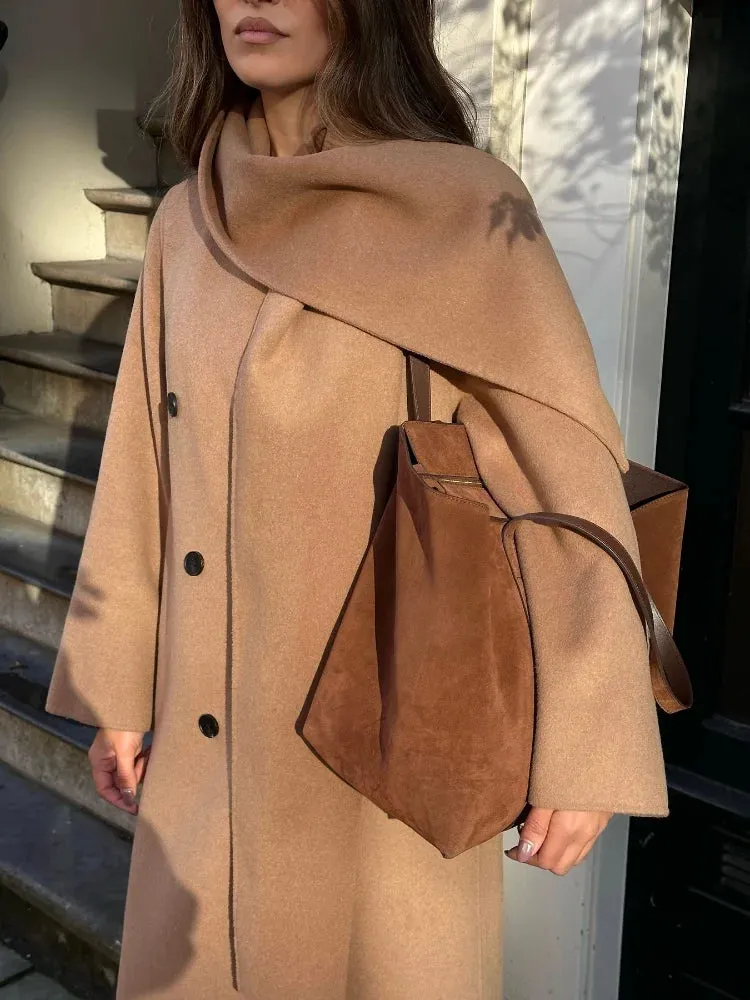 TAVIMART  -  Women Elegant Brown Long Woolen Coats With Scarf Fashion Double Breasted Oversized Thicken Overcoats Lady Daily Streetwear