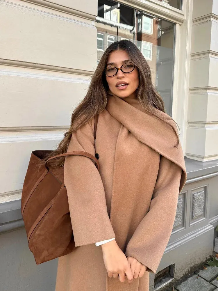 TAVIMART  -  Women Elegant Brown Long Woolen Coats With Scarf Fashion Double Breasted Oversized Thicken Overcoats Lady Daily Streetwear