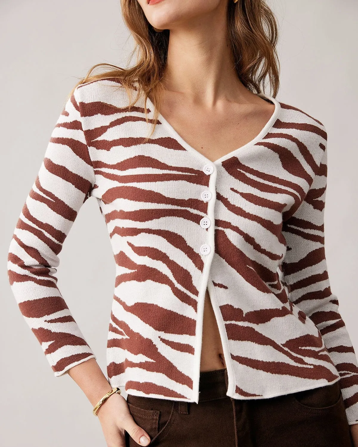 The Coffee V Neck Zebra Knit Cardigan