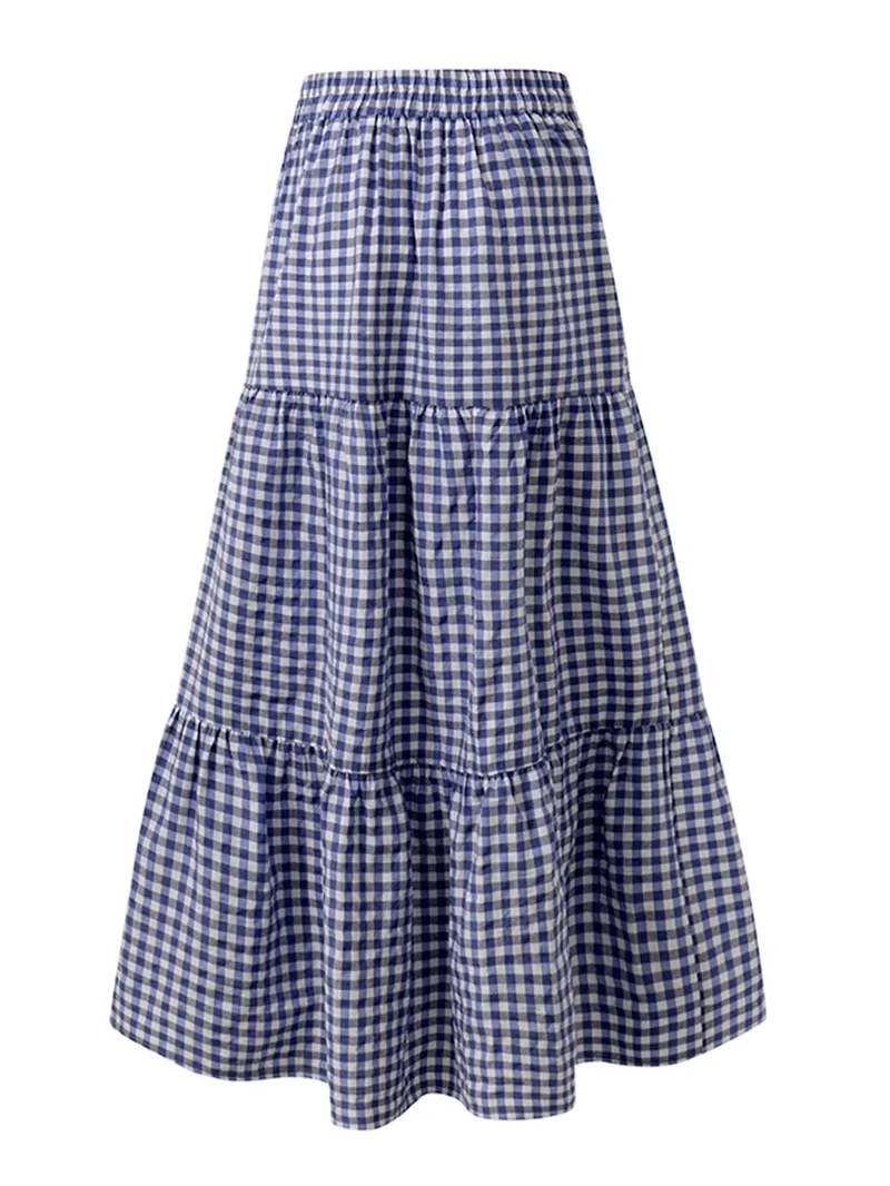 Women Plaid Pleated Lace-Up Elastic Waist Swing Skirts