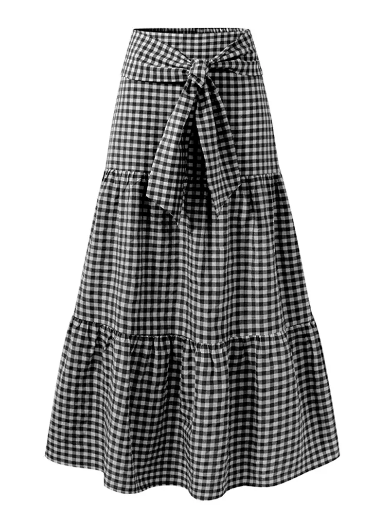 Women Plaid Pleated Lace-Up Elastic Waist Swing Skirts