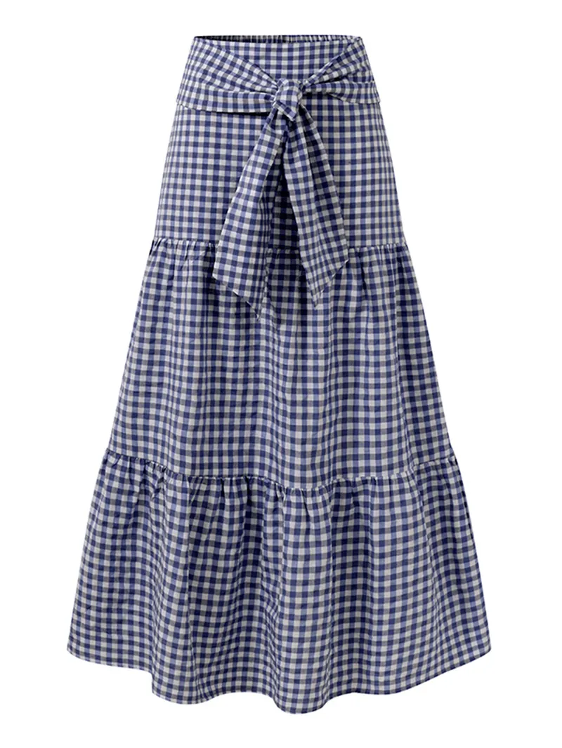 Women Plaid Pleated Lace-Up Elastic Waist Swing Skirts