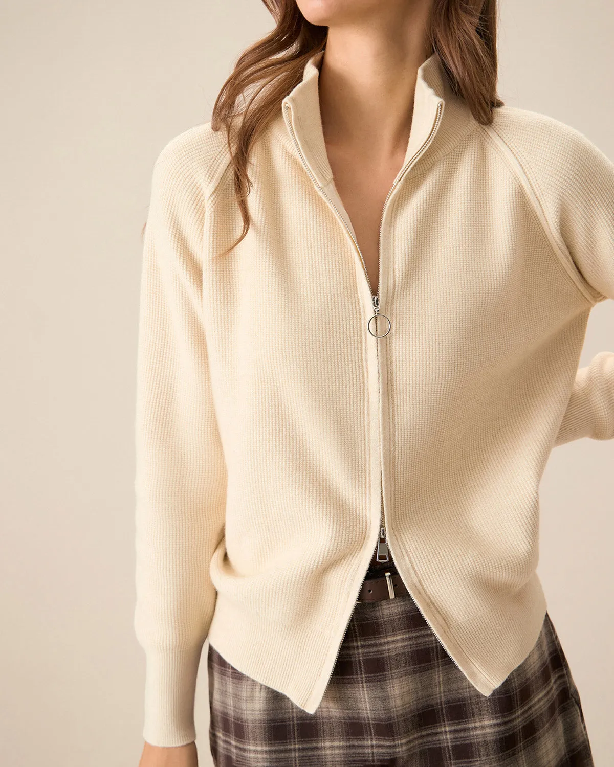 Women's Apricot Ribbed Knit Zipper Cardigan